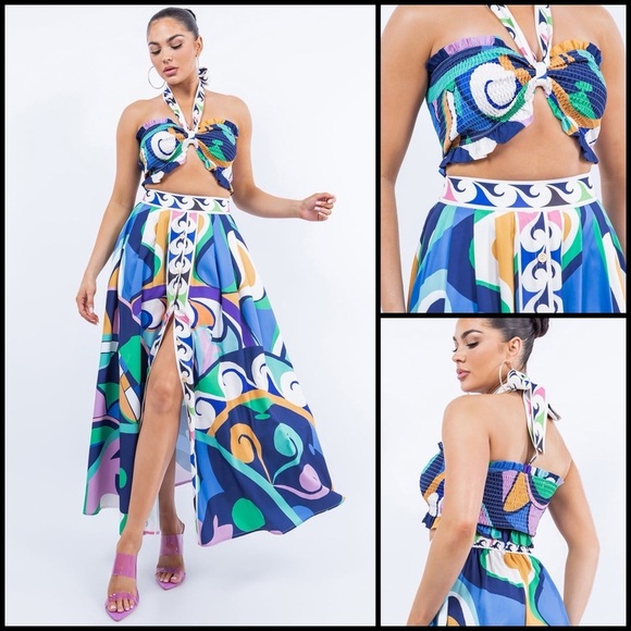 Her Bottari Emily Smocked Ruffle Bandeau Halter Tropical Coquette Y2K Top Size M - Picture 1 of 16